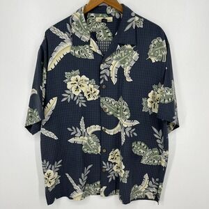 Tommy Bahama Hawaiian Shirt Men's L Gray 100% Silk Floral Palm Short Sleeve